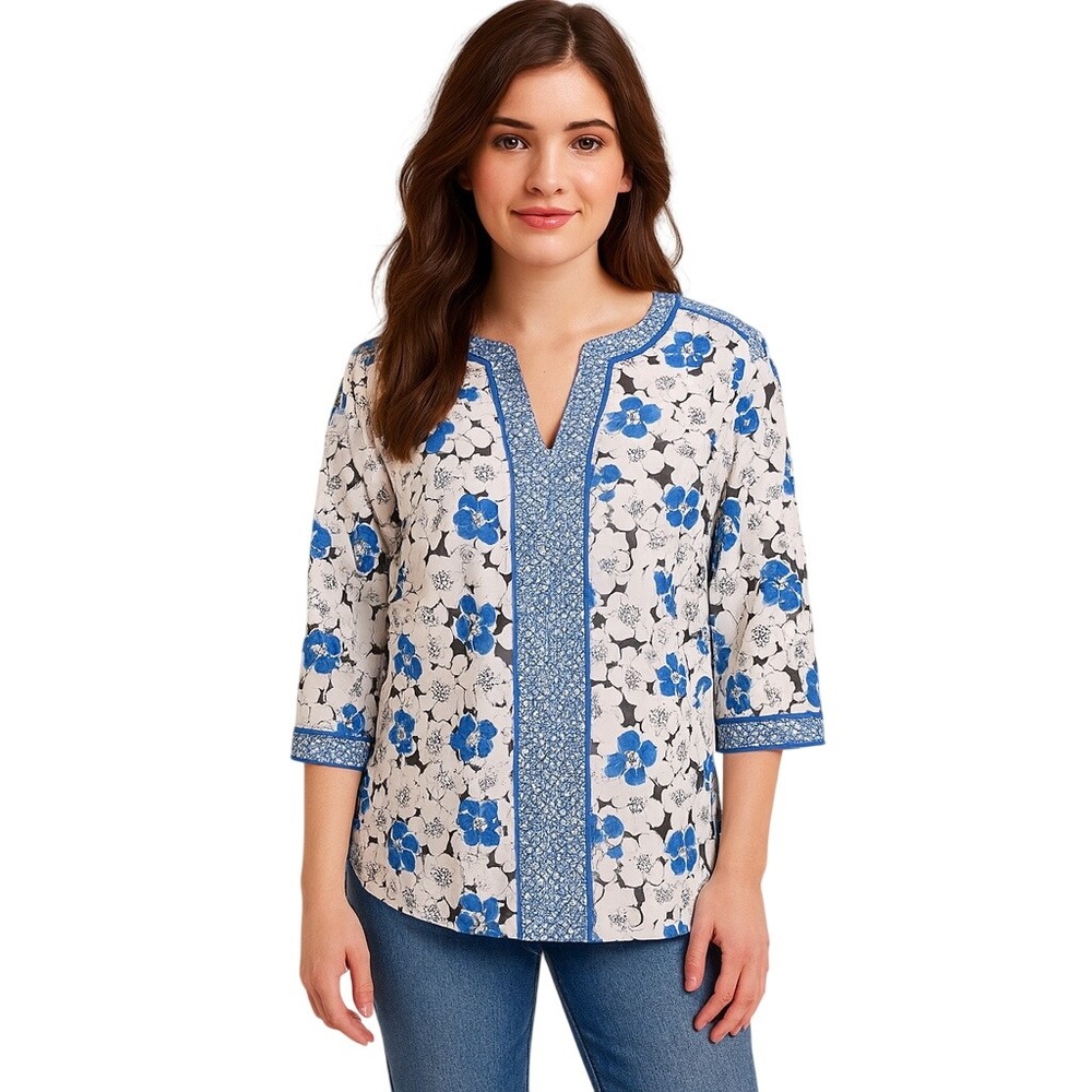Talbots Women's Floral Printed 3/4 Sleeve Popover Tunic Blouse Blue White Sz LP